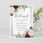 Burgund Blush Blume & Silver Spring Wedding Einladung (Stehend Vorderseite)