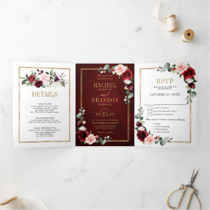 Burgund Blush Blumen Moderne Geometrische Hochzeit Dreifach Gefaltete Ankündigung