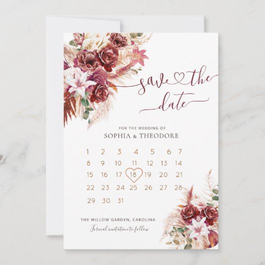 Burgund & Blush Blumenkalender Save The Date (Vorderseite)