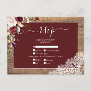 Burgund Blush Botanical Lace Wood Wedding RSVP Einladungspostkarte