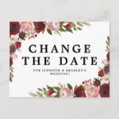 Burgund Blush Floral ändern Datum Ankündigungspostkarte (Vorderseite)