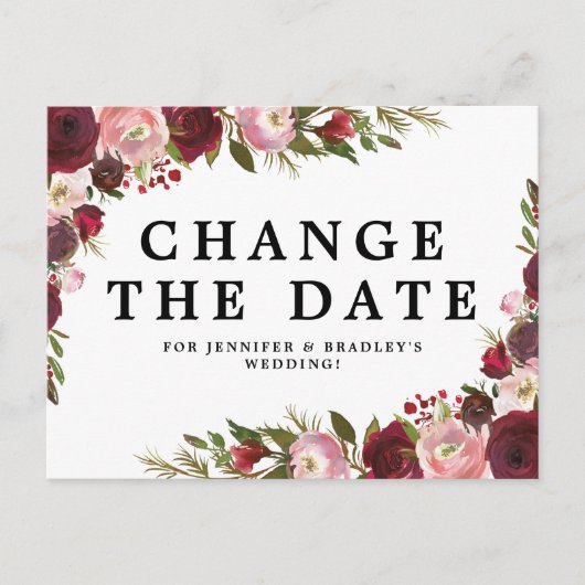 Burgund Blush Floral ändern Datum Ankündigungspostkarte (Vorderseite)