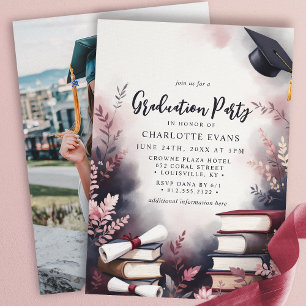 Burgund Blush Floral Books Graduation Party Foto Einladung