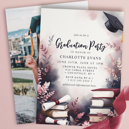 Burgund Blush Floral Books Graduation Party Foto Einladung