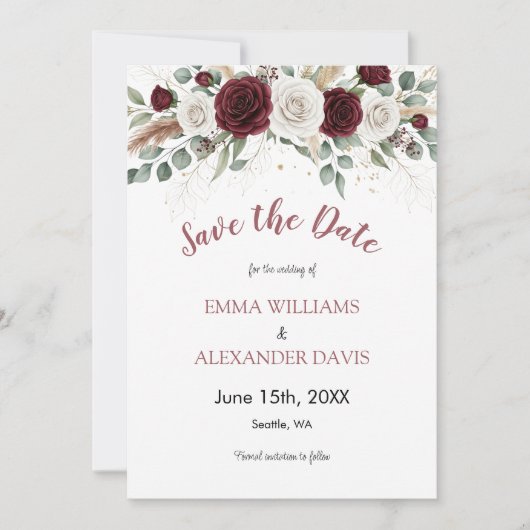 Burgund Blush Floral Foto Save the Date Karte (Vorderseite)