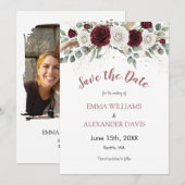 Burgund Blush Floral Foto Save the Date Karte (Vorne/Hinten)