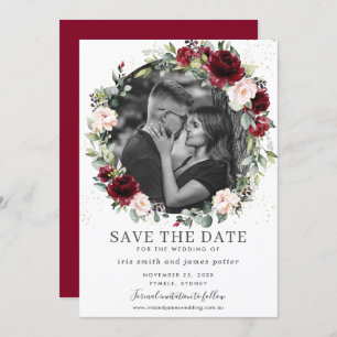 Burgund Blush Floral Foto Save the Date Karte