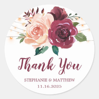 Burgund Blush Floral Lights Hochzeit Vielen Dank Runder Aufkleber