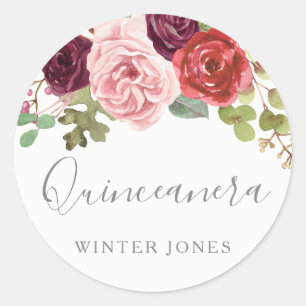 Burgund Blush Floral Quinceanera Gastgeschenk Sieg Runder Aufkleber