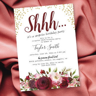 Burgund Blush Floral Überraschung Geburtstagsparty Einladung