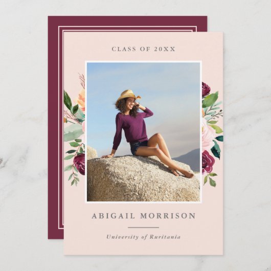 Burgund Blush Foto Graduation Party Einladung (Vorne/Hinten)