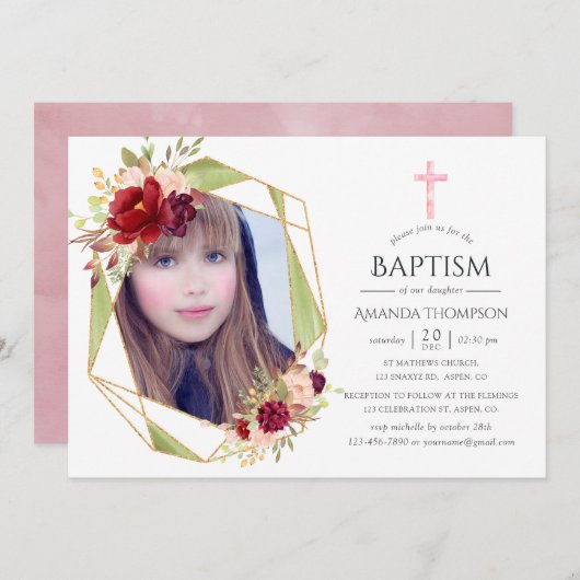 Burgund & Blush Geometrische Taufe oder Weihnachte Einladung (Vorne/Hinten)