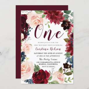 Burgund & Blush Girls oder Jungen 1. Geburtstag Pa Einladung