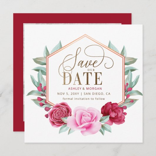 Burgund Blush Gold Floral Foto Save the Date Ankündigung (Vorne/Hinten)