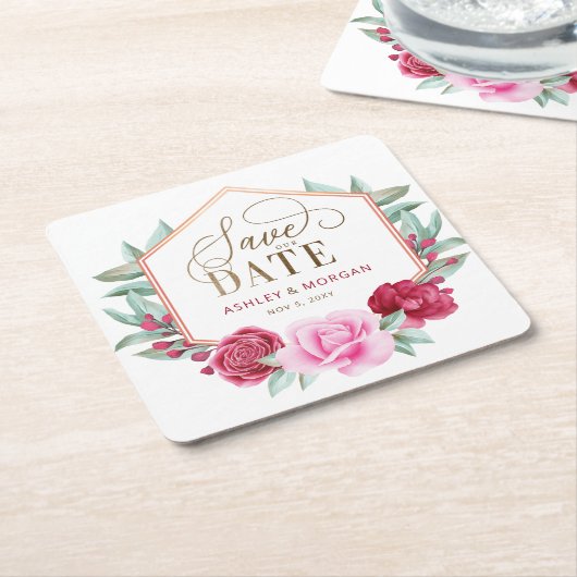 Burgund Blush Gold Floral Save the Date Rechteckiger Pappuntersetzer (angewinkelt)