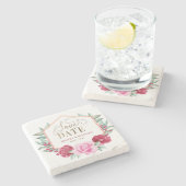 Burgund Blush Gold Floral Save the Date Steinuntersetzer (Seitenansicht)