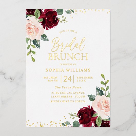 Burgund & Blush Gold Foil Brautparty Brunch Folieneinladung (Vorderseite)