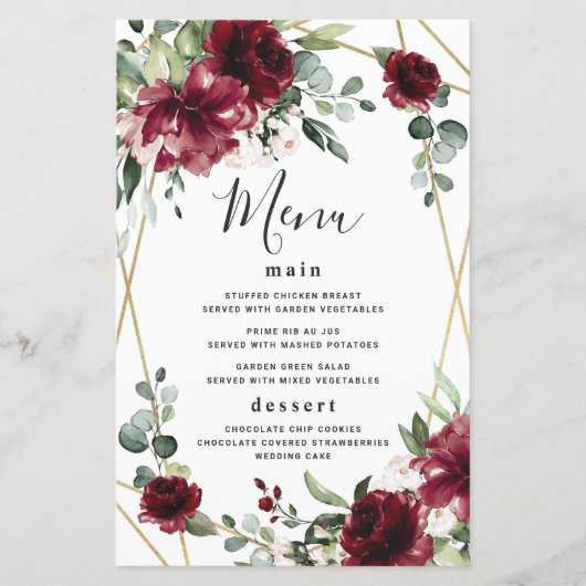 Burgund Blush Gold Greenerity Wedding Menu Cards (Vorderseite)