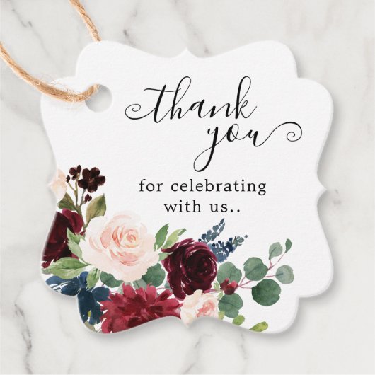 Burgund Blush Navy Bloral Blossom Brautparty Geschenkanhänger (Vorderseite)