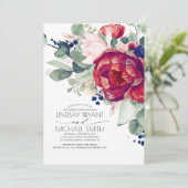 Burgund Blush Navy Blue Floral Engagement Party Einladung (Stehend Vorderseite)