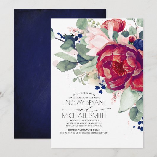 Burgund Blush Navy Blue Floral Engagement Party Einladung (Vorne/Hinten)