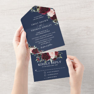 Burgund Blush Navy Blues Blumengrün Hochzeit All In One Einladung
