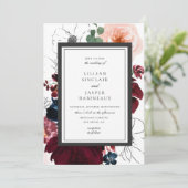 Burgund Blush Navy Fall Floral Hochzeit Einladung (Stehend Vorderseite)