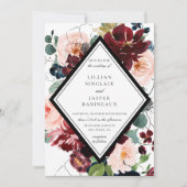 Burgund Blush Navy Painted Floral Wedding Einladung (Vorderseite)
