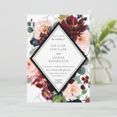 Burgund Blush Navy Painted Floral Wedding Einladung (Stehend Vorderseite)