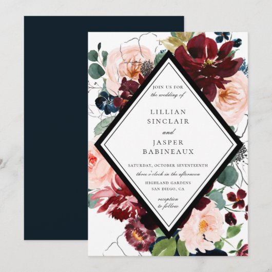 Burgund Blush Navy Painted Floral Wedding Einladung (Vorne/Hinten)
