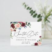 Burgund Blush Navy Rose Hochzeit speichern das Dat Postkarte (Stehend Vorderseite)