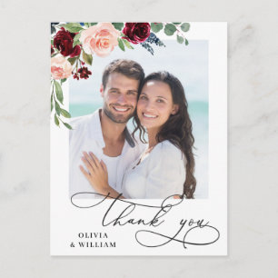 Burgund Blush Navy Rose Hochzeitsfoto Danke Postkarte