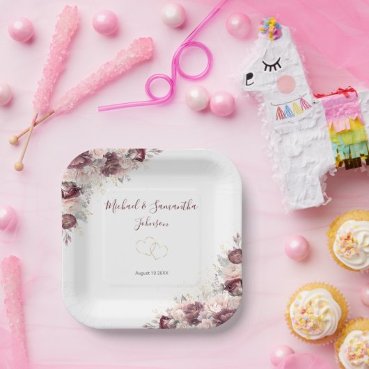 Burgund Blush Peony und Rose Hochzeit Pappteller (Party)