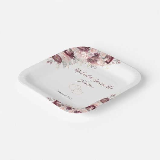 Burgund Blush Peony und Rose Hochzeit Pappteller (Gewinkelt)