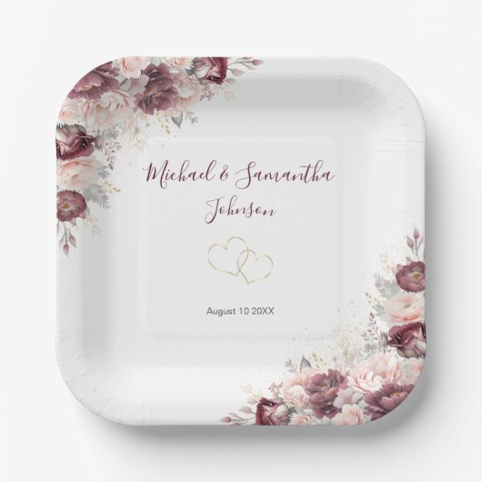 Burgund Blush Peony und Rose Hochzeit Pappteller (Vorderseite)