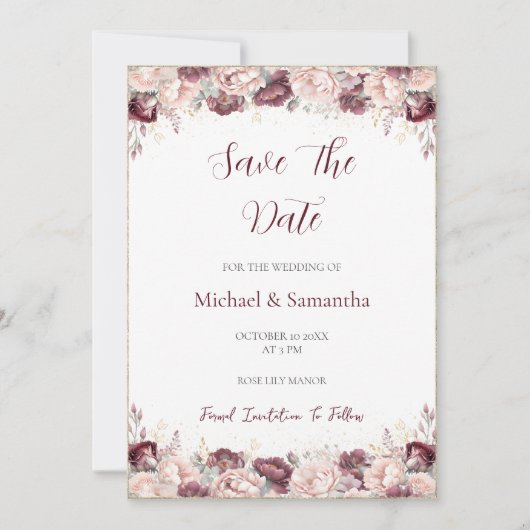Burgund Blush Peony und Rose Hochzeit Save The Date (Vorderseite)