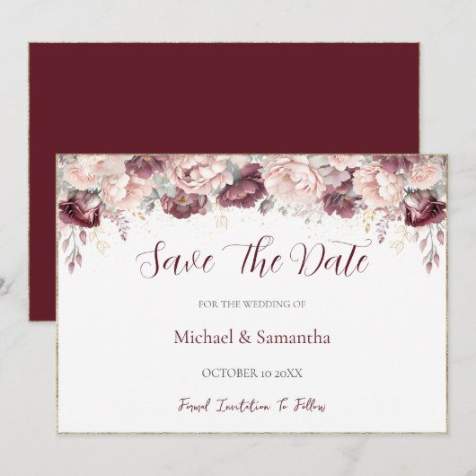 Burgund Blush Peony und Rose Hochzeit Save The Date (Vorne/Hinten)