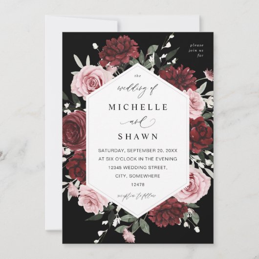 Burgund & Blush Pink 6 Blumenzehen - Schwarz Einladung (Vorderseite)