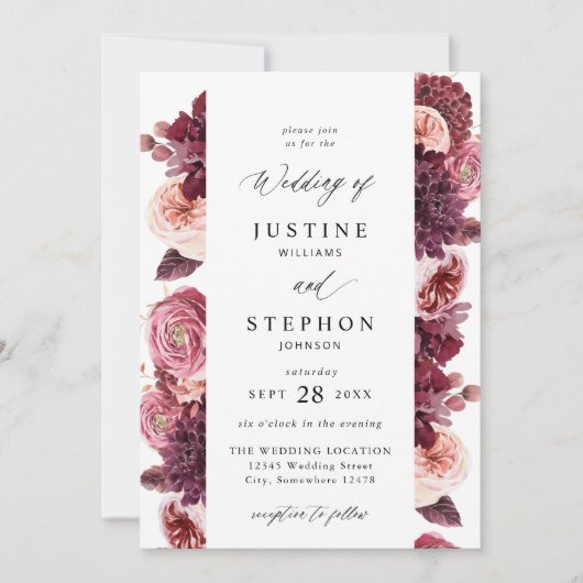 Burgund & Blush Pink 8B Hochzeit 2 Einladung (Vorderseite)