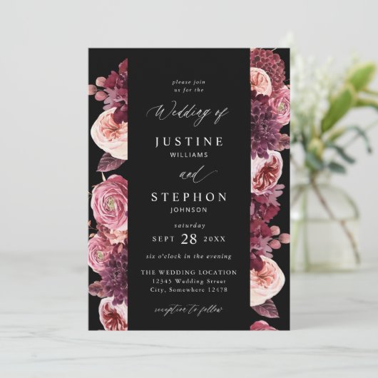 Burgund & Blush Pink 8B Hochzeit 2 - Schwarz Einladung (Stehend Vorderseite)