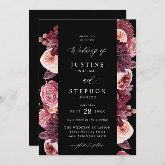 Burgund & Blush Pink 8B Hochzeit 2 - Schwarz Einladung (Vorne/Hinten)