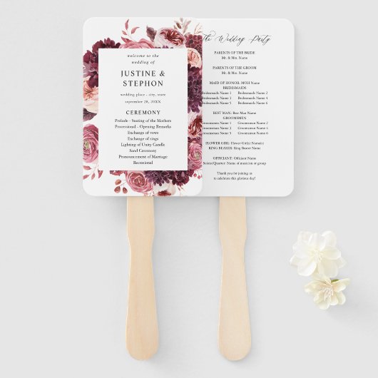 Burgund & Blush Pink 8B Hochzeitsprogramm Handfan Fächer (Vorne und Hinten)