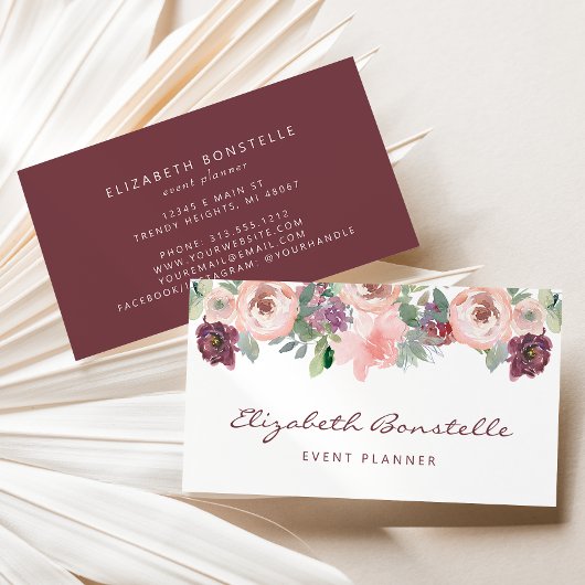 Burgund Blush Pink Aquarell Bloral Visitenkarte