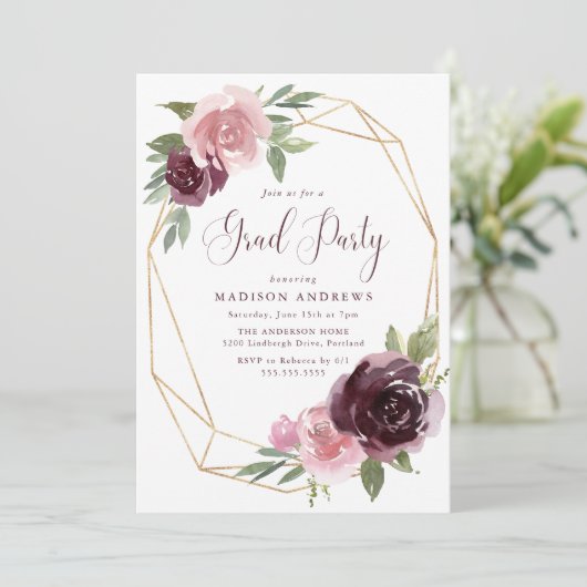 Burgund & Blush Pink Bloral | Graduierungspartei Einladung (Stehend Vorderseite)