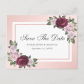 Burgund Blush Pink Bloral Save the Date Ankündigungspostkarte (Vorderseite)