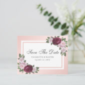 Burgund Blush Pink Bloral Save the Date Ankündigungspostkarte (Stehend Vorderseite)