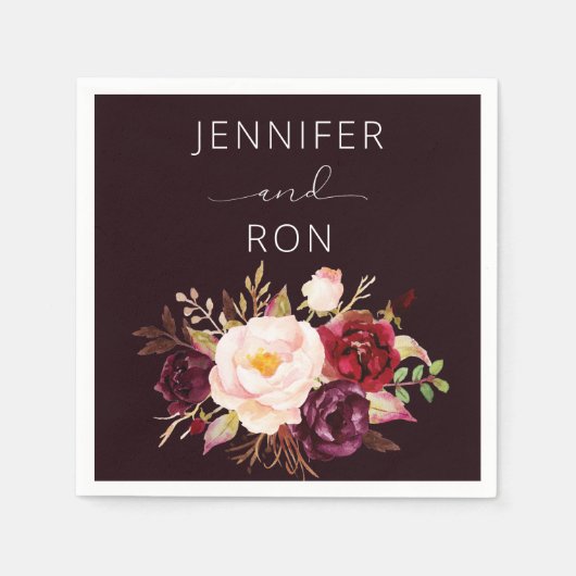 Burgund & Blush Pink Bloral - Schwarz Serviette (Vorderseite)