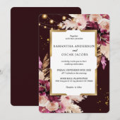 Burgund Blush Pink Blues & Gold Rahmen & Lights Einladung (Vorne/Hinten)