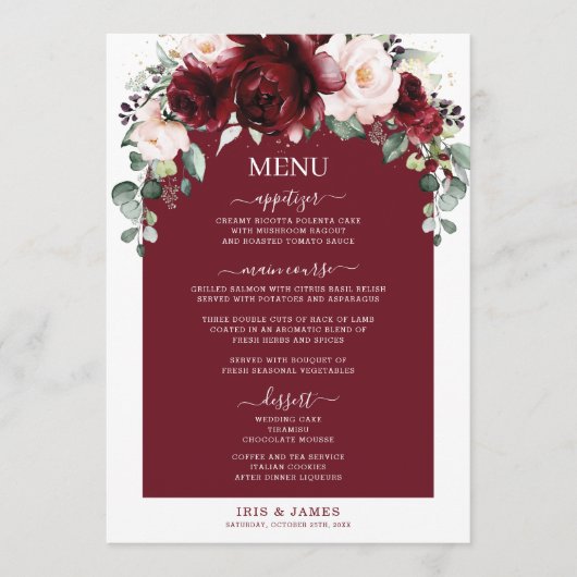 Burgund Blush Pink Blues Hochzeitsmenü am Bar Programm (Vorderseite)