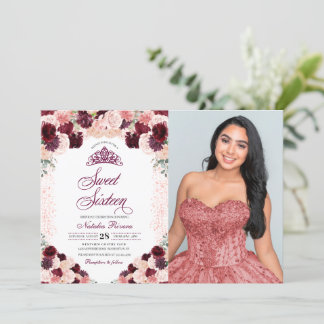 Burgund Blush Pink Floral 16 . Geburtstag Geburtst Einladung